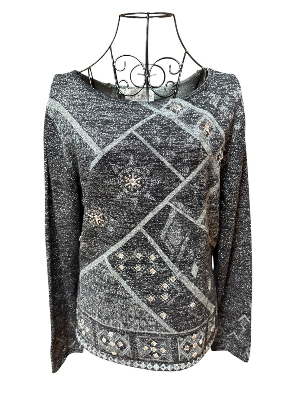 Nancy Bolen City Girl Embellished Metallic Knit Silk Blend Top in Charcoal small